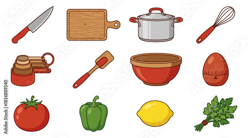 Get cooking with this fun colorful set of kitchen tools and fresh vegetables, perfect for recipe blogs, food illustrations, and healthy eating content