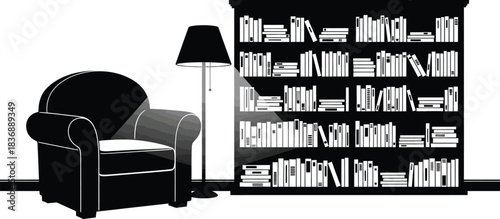 Rmchair, Lamp, and Bookshelf in Monochrome