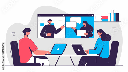 Illustration of people in a video conference with laptops and screens with presenters online meeting