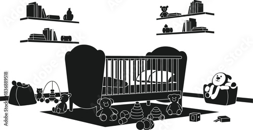 Baby crib with toys and books, nursery interior, childhood memories