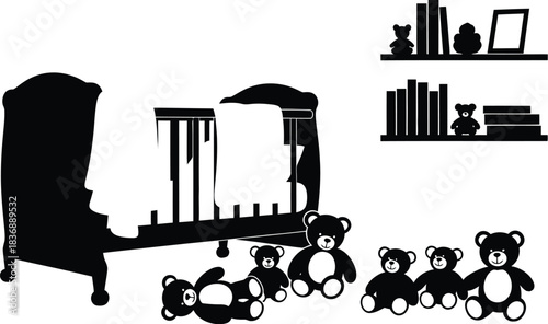 Baby crib with teddy bears, books, and shelves for nursery decoration