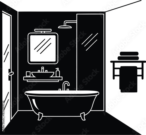 Minimalist bathroom interior with bathtub, mirror, and towel rack