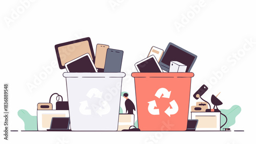 Two recycling bins filled with electronic waste like tablets and phones for proper disposal process