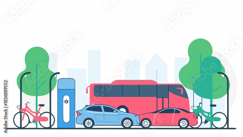 Illustration of city street with bus cars bicycles charging station and trees in a modern style flat design