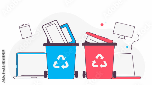 Illustration of blue and red recycling bins filled with discarded electronic devices and accessories