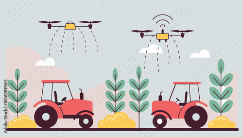Illustration showing agriculture with tractors and drones in a field with plants and clouds above