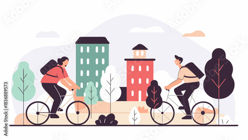 Two people riding bicycles on a city street with buildings and trees in the background on a sunny day