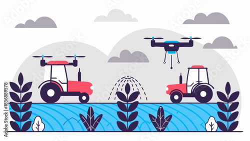 Illustration of modern agriculture with tractors, drone, irrigation, and stylized plants and clouds