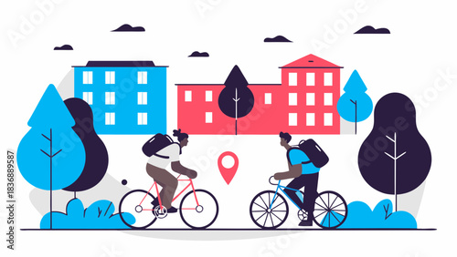 Two people riding bicycles with backpacks in a stylized urban landscape with buildings and trees around them