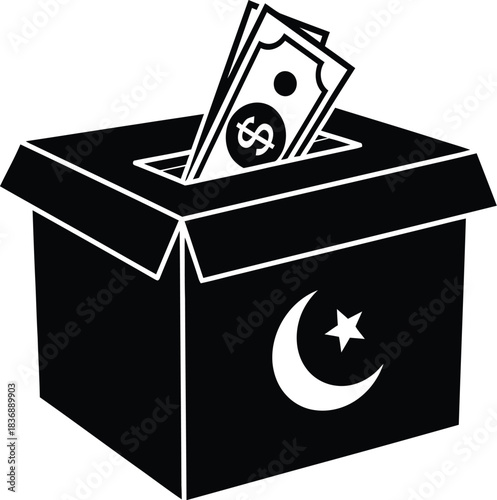 Zakat box with dollar bills, Islamic finance and charity concept