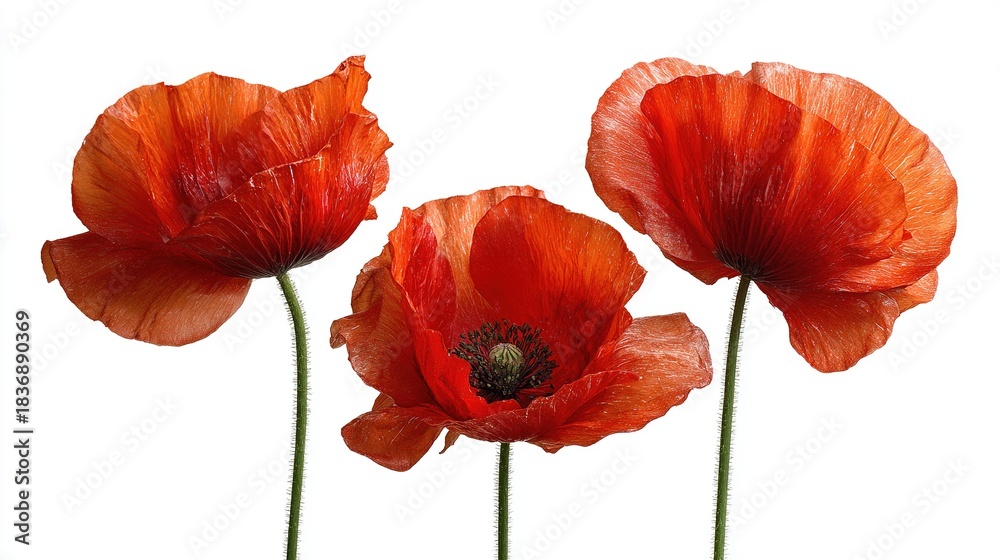 Obraz premium Three vibrant red poppy flowers with delicate petals on white.