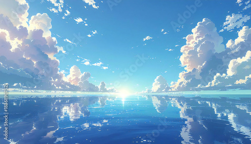 アニメーション風の静かな海の水平線。アニメ映画の水平線。A calm ocean horizon in an animated style. Animated movie horizon.