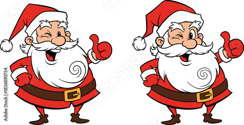 Two cartoon Santas giving thumbs up with winking eyes and open mouths Santa Claus