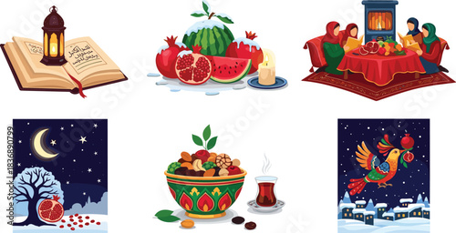 Islamic cultural scenes with religious book lantern fruits and winter night Arabic text