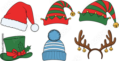 Collection of six Christmas themed hats and reindeer antlers santa hat elf hat