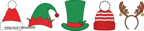 Collection of five festive holiday headwear items including Santa hat elf hat green top hat striped beanie and reindeer antlers