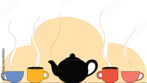 Teapot with steaming tea cups in warm beverage illustration
