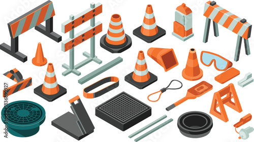 Isometric illustration of construction safety equipment and traffic control items including cones, barricades, barriers, cables, signage, and protective gear