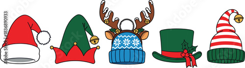 Collection of five festive Christmas themed hats and reindeer antlers Santa hat elf hat