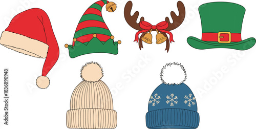 Collection of festive holiday hats and reindeer antlers with bells Christmas hat