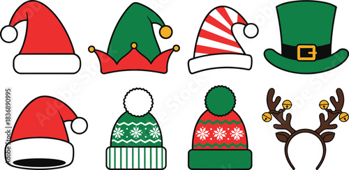 Collection of eight festive holiday headwear and accessories christmas hat santa hat