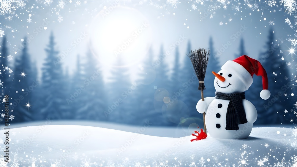 Fototapeta premium Snowman with Red Hat in Winter Forest