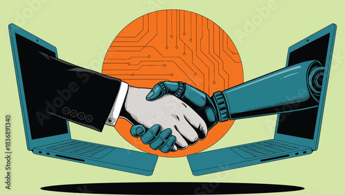 Human and robot handshake through laptops showing technology partnership

