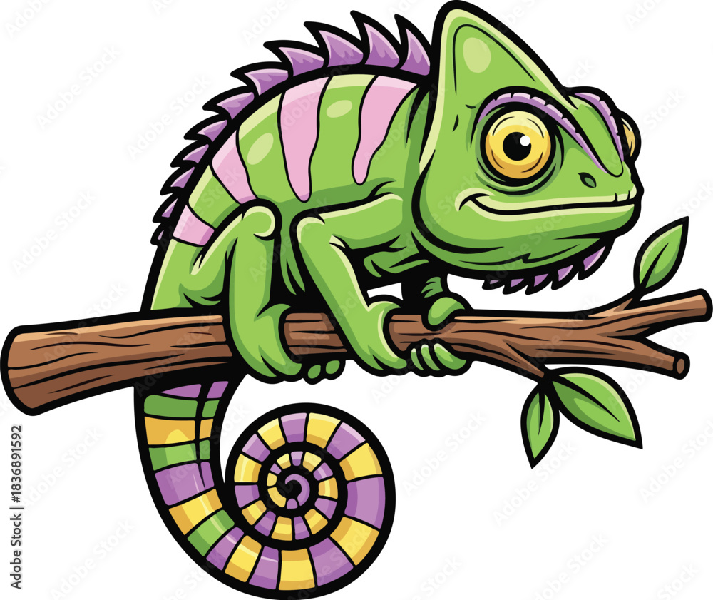 Obraz premium Cute Cartoon Chameleon on Branch Mascot Vector