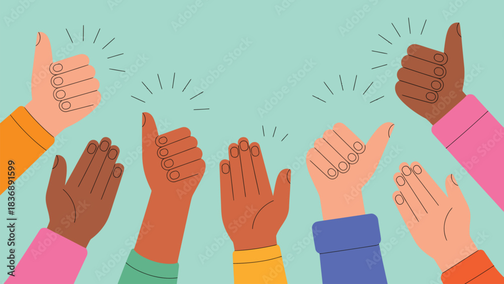 Fototapeta premium Group of hands giving claps and thumbs up showing positive feedback 