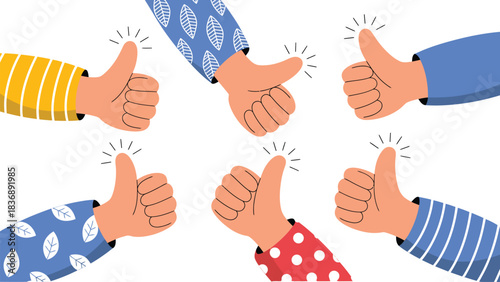 Multiple hands showing thumbs up gesture in colorful positive illustration
