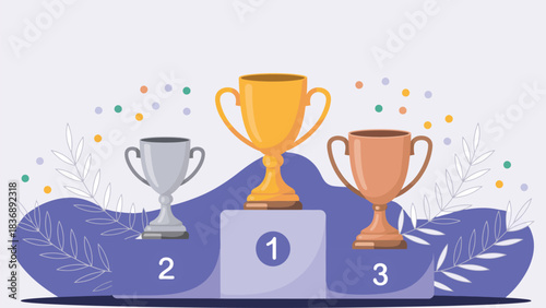 Winner podium with gold silver and bronze trophies in celebration illustration
