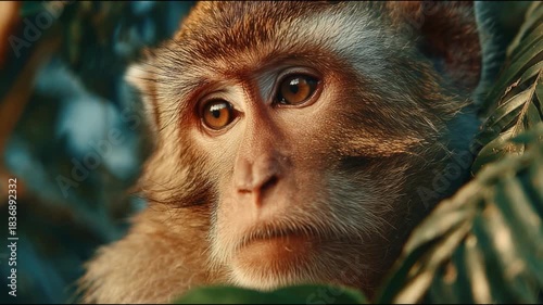 A curious monkey perched among lush green leaves, its expressive eyes reflecting the sunlight.