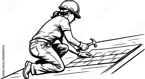 Construction Woman Roof Installer Vector Silhouette