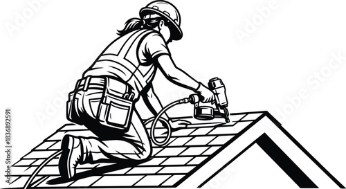 Construction Woman Roof Installer Vector Silhouette