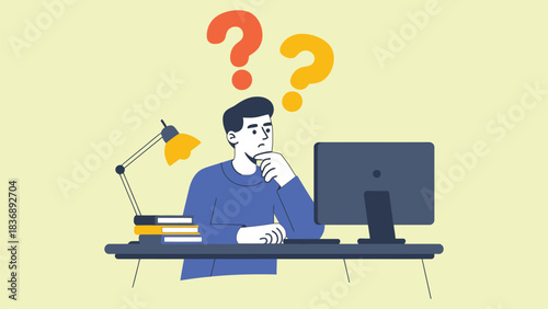Confused man at computer thinking with question marks showing problem solving concept
