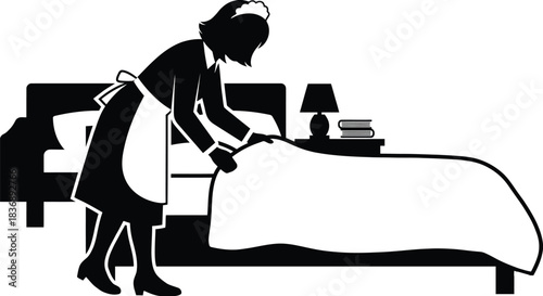 Maid making bed vector illustration on white background.