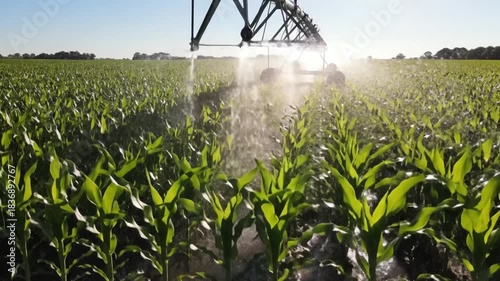 Agricultural irrigation system spraying water on a lush green cornfield under a bright sunny sky, showcasing modern farming techniques