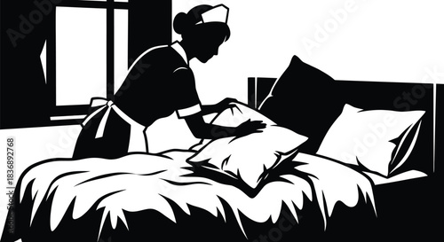 Maid making bed vector illustration on white background.
