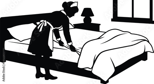 Maid making bed vector illustration on white background.
