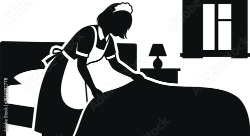 Maid making bed vector illustration on white background.