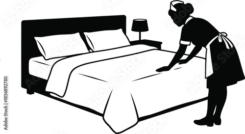 Maid making bed vector illustration on white background.