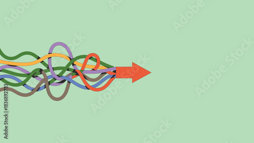 Colorful tangled lines turning into straight arrow showing problem solving concept
