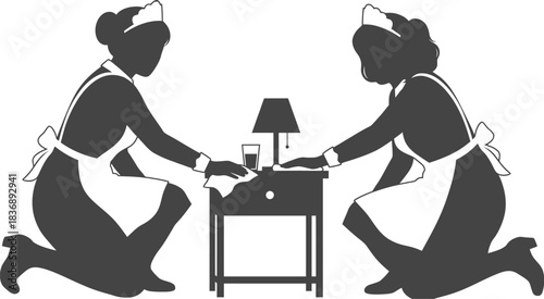 Housekeeper cleaning nightstand, black and white vector