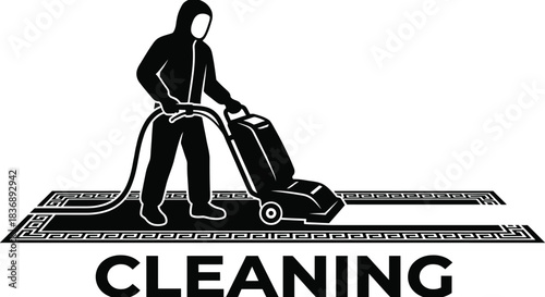 Janitor cleaning carpet with vacuum cleaner vector illustration.