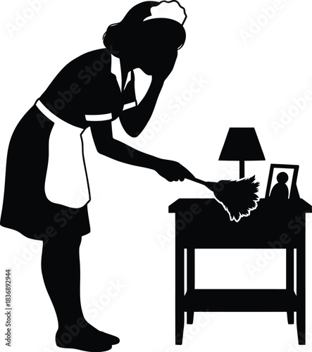 Housekeeper cleaning nightstand, black and white vector