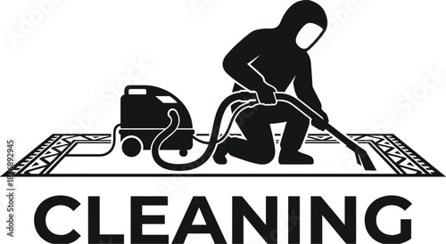 Janitor cleaning carpet with vacuum cleaner vector illustration.