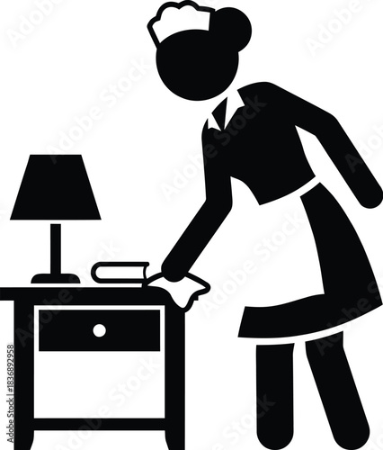 Housekeeper cleaning nightstand, black and white vector