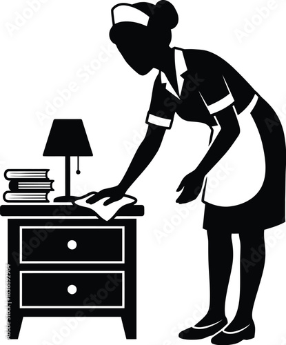 Housekeeper cleaning nightstand, black and white vector