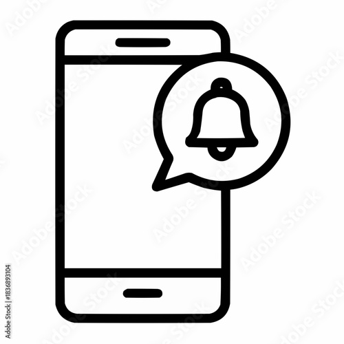 Line icon of a smartphone with notification bubble — mobile marketing, black on white, square minimalist style