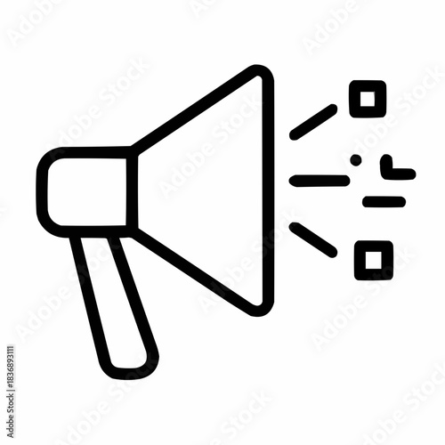 Line icon of a megaphone with digital rays, black on white, square minimalist style